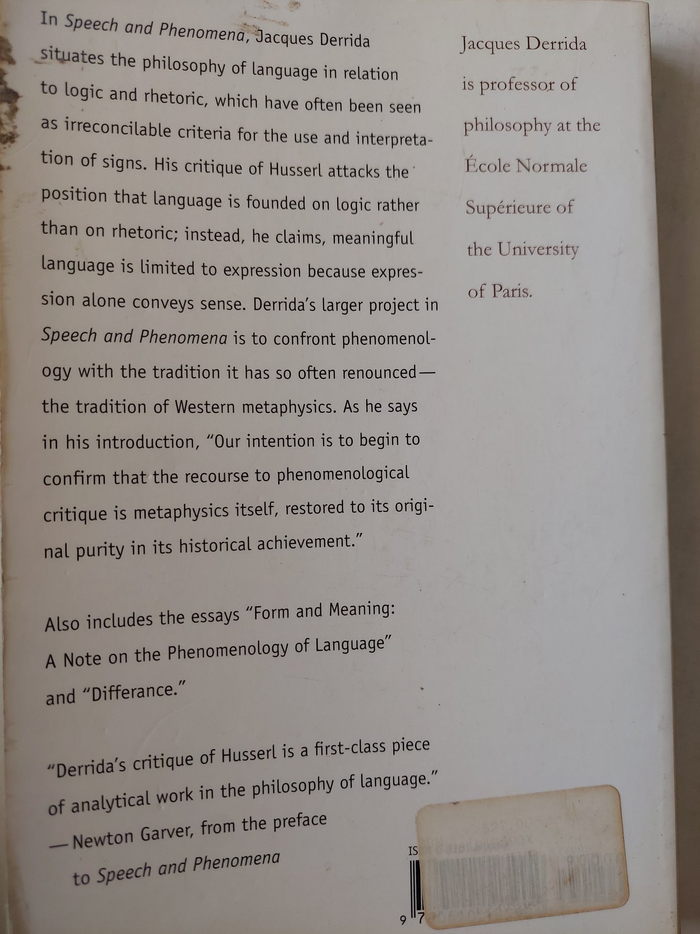 Speech and Phenomena: And Other Essays on Husserl's Theory of Signs / Jacques Derrida