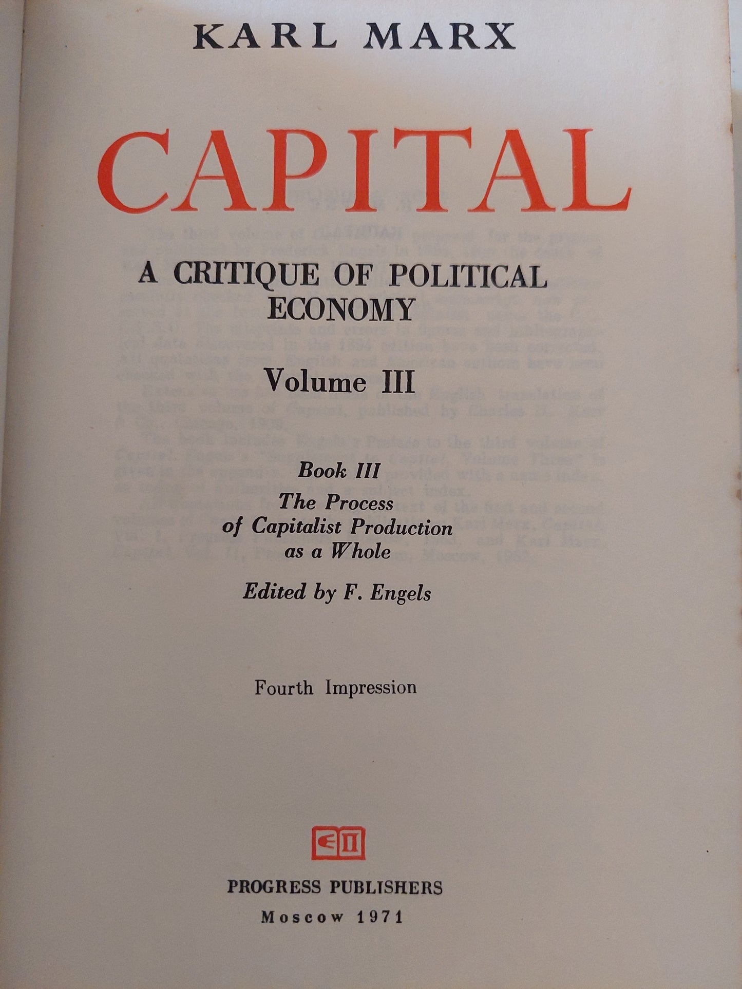 Capital – Karl Marx (3 Volume set) - ٣ أجزاء / هارد كفر - دار التقدم / موسكو ١٩٧١