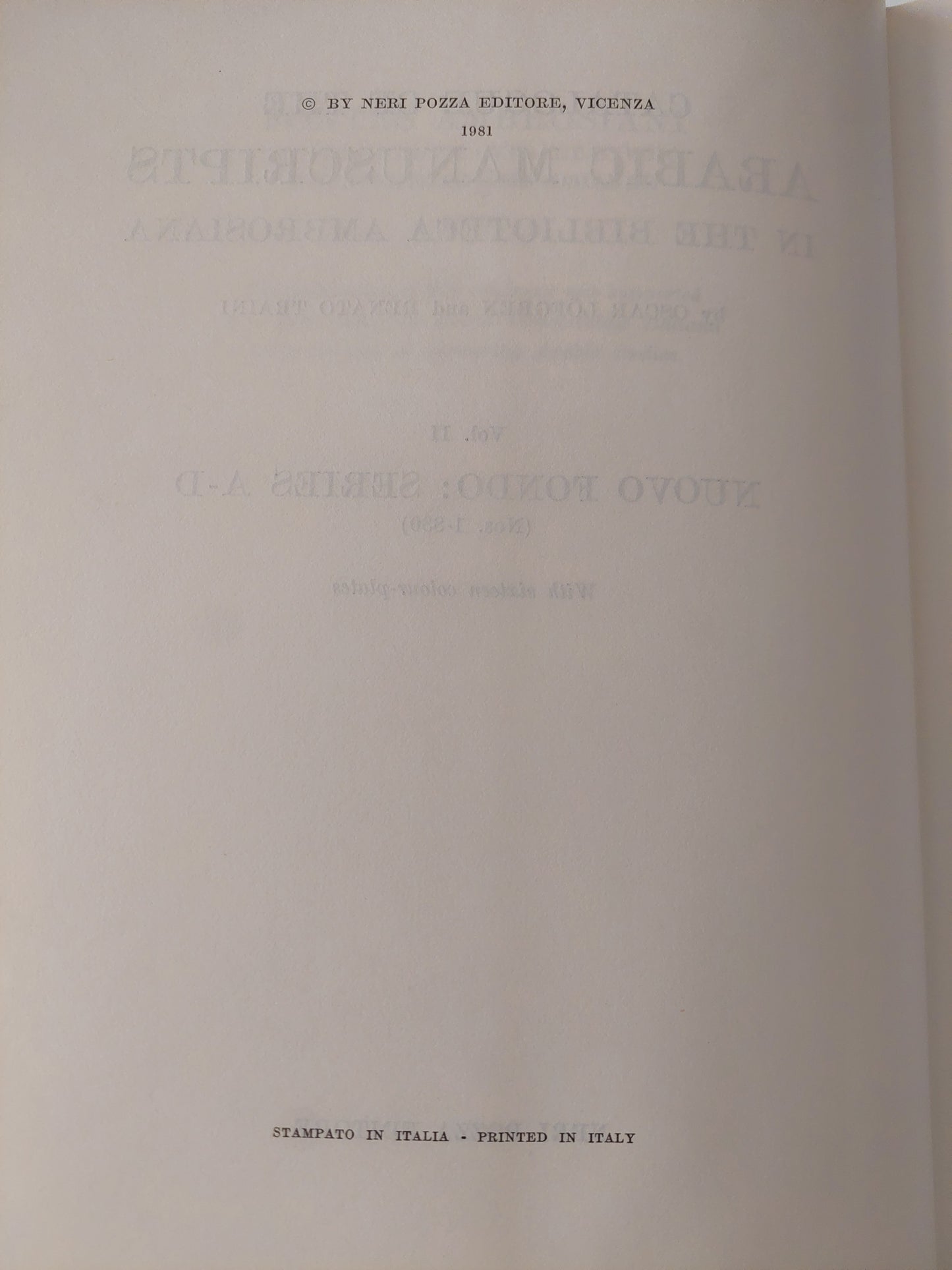 Arabic manuscripts in the Bibliotheca Ambrosiana - قطع كبير ملحق بالصور/ هارد كفر