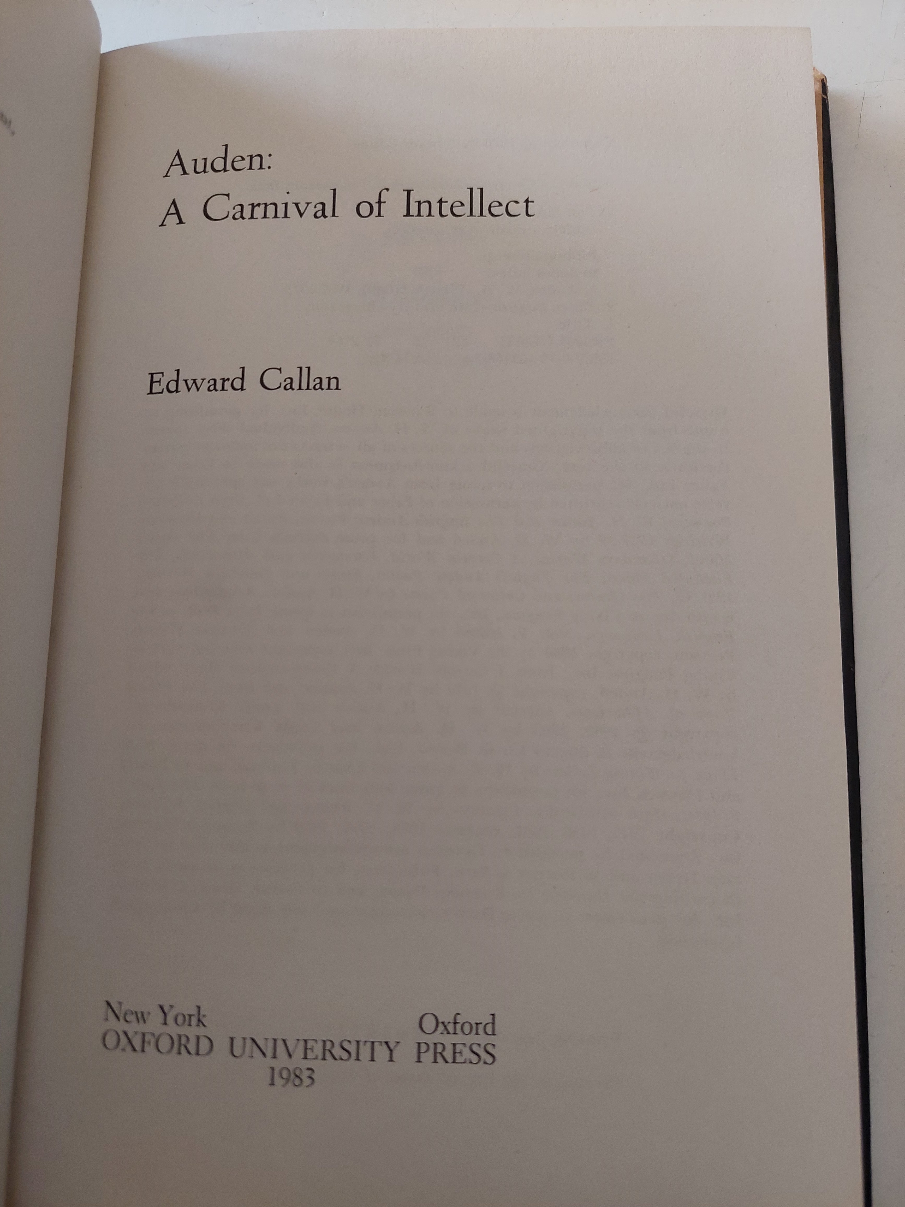 Auden .. a carnival of intellect / Edward Callan - هارد كفر
